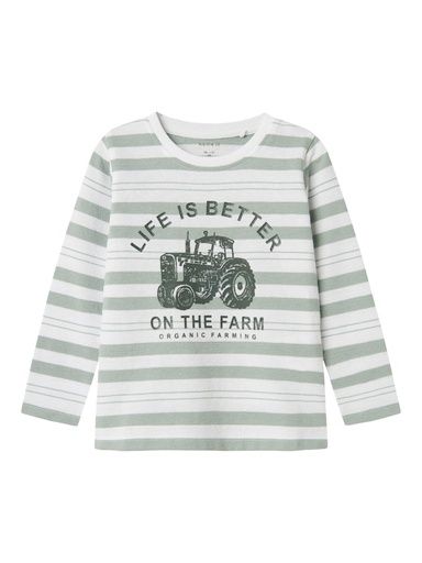 [01-35888.10] Gestreiftes Langarmshirt mit Traktor (Weiss, 98)