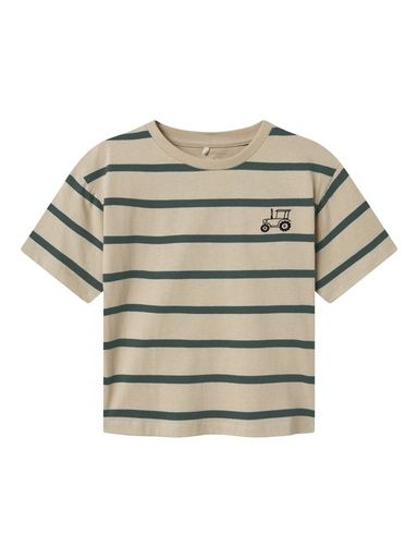 [01-35890.1] Gestreiftes T-Shirt mit Traktorstickerei (Dunkelgrün, 116)