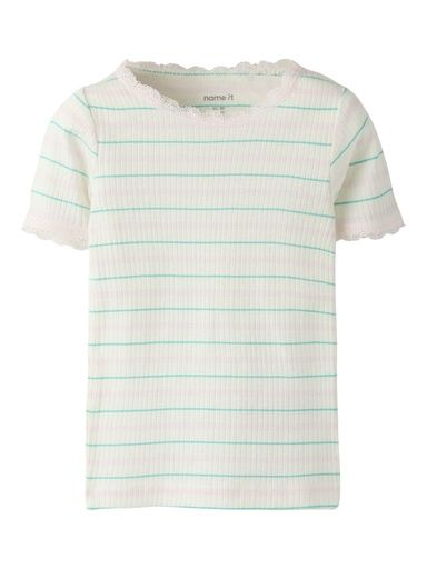 [01-38135.1] Mädchen T-Shirt Gestreift mit Spitze (Creme, 116)
