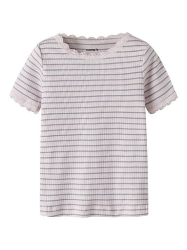 [01-38135.10] Mädchen T-Shirt Gestreift mit Spitze (Rosa, 110)